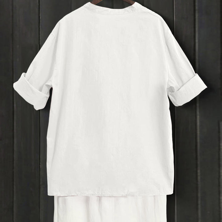 Buddha Stones Summer Casual Plain Breasted Notched Collar Short Sleeve Women's Cotton Linen Shirt