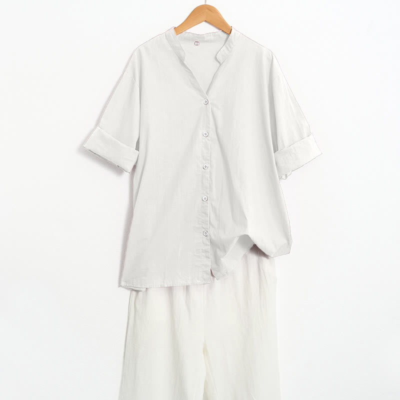 Buddha Stones Summer Casual Plain Breasted Notched Collar Short Sleeve Women's Cotton Linen Shirt