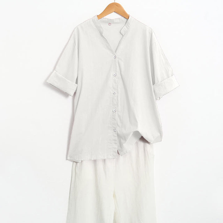 Buddha Stones Summer Casual Plain Breasted Notched Collar Short Sleeve Women's Cotton Linen Shirt