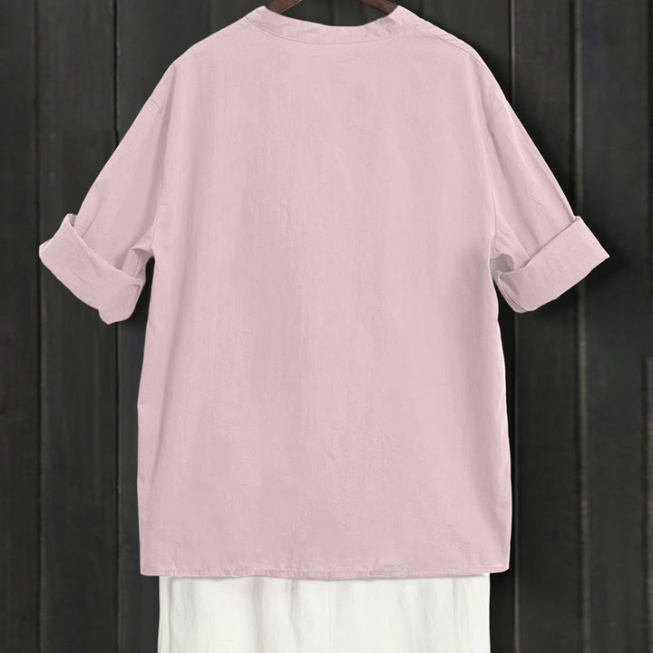 Buddha Stones Summer Casual Plain Breasted Notched Collar Short Sleeve Women's Cotton Linen Shirt - image 37