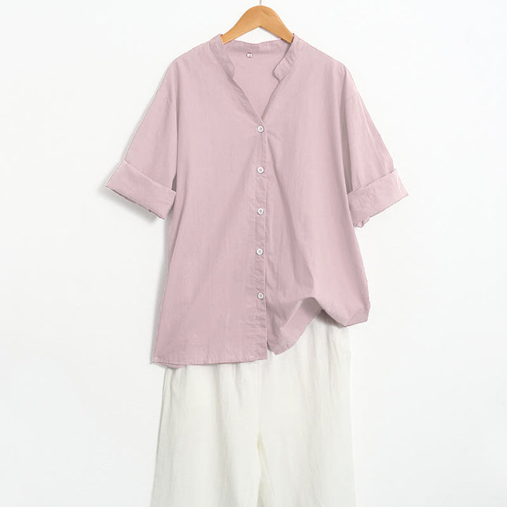 Buddha Stones Summer Casual Plain Breasted Notched Collar Short Sleeve Women's Cotton Linen Shirt - image 41