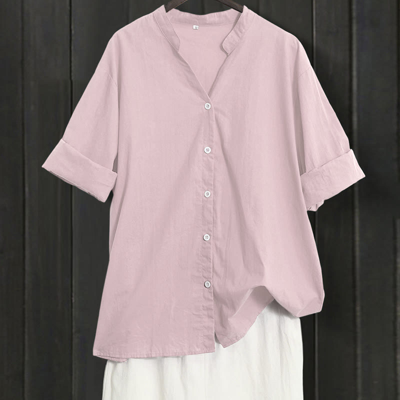 Buddha Stones Summer Casual Plain Breasted Notched Collar Short Sleeve Women's Cotton Linen Shirt