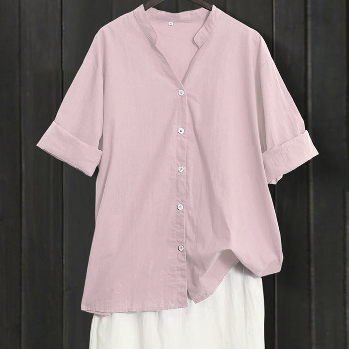 Buddha Stones Summer Casual Plain Breasted Notched Collar Short Sleeve Women's Cotton Linen Shirt