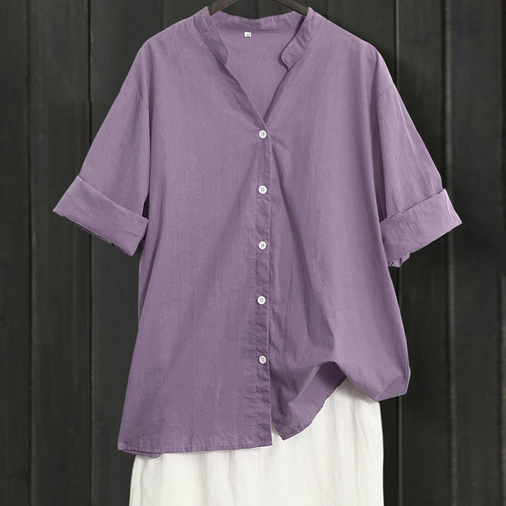 Buddha Stones Summer Casual Plain Breasted Notched Collar Short Sleeve Women's Cotton Linen Shirt