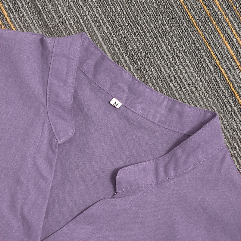 Buddha Stones Summer Casual Plain Breasted Notched Collar Short Sleeve Women's Cotton Linen Shirt - image 44