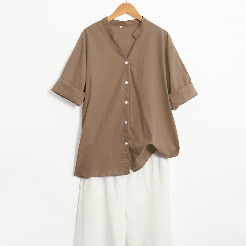 Buddha Stones Summer Casual Plain Breasted Notched Collar Short Sleeve Women's Cotton Linen Shirt
