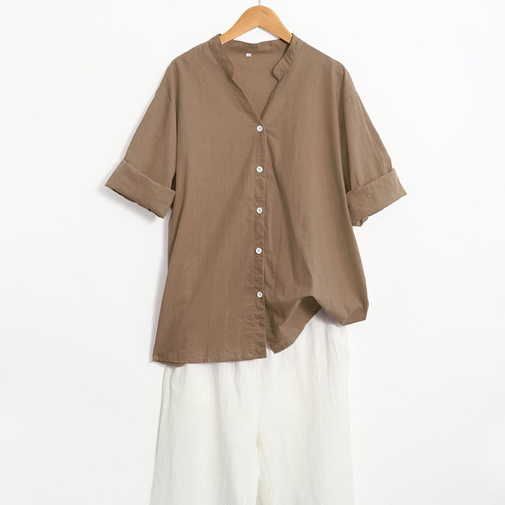Buddha Stones Summer Casual Plain Breasted Notched Collar Short Sleeve Women's Cotton Linen Shirt