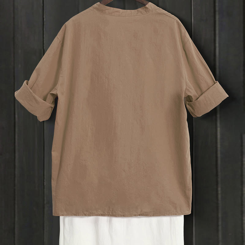 Buddha Stones Summer Casual Plain Breasted Notched Collar Short Sleeve Women's Cotton Linen Shirt