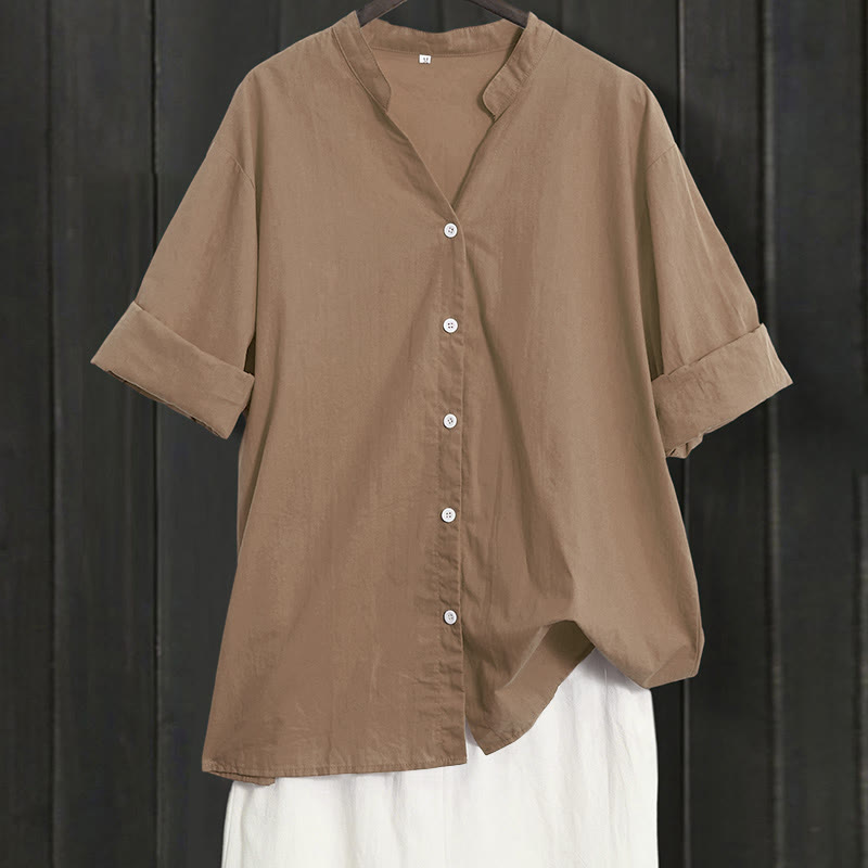 Buddha Stones Summer Casual Plain Breasted Notched Collar Short Sleeve Women's Cotton Linen Shirt - DarkGoldenrod - US20，UK/AU24，EU52 (5XL) - image 54