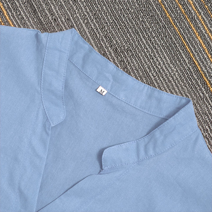 Buddha Stones Summer Casual Plain Breasted Notched Collar Short Sleeve Women's Cotton Linen Shirt