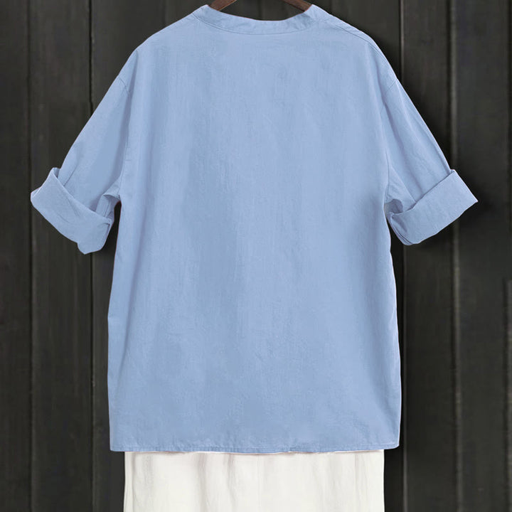 Buddha Stones Summer Casual Plain Breasted Notched Collar Short Sleeve Women's Cotton Linen Shirt - image 61