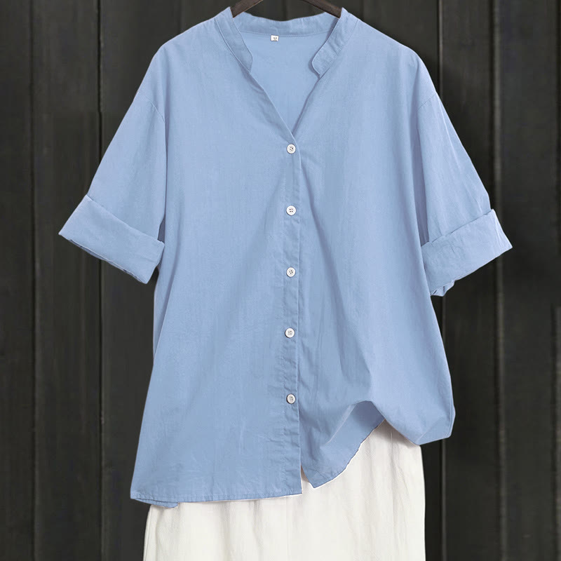 Buddha Stones Summer Casual Plain Breasted Notched Collar Short Sleeve Women's Cotton Linen Shirt - LightSteelBlue - US20，UK/AU24，EU52 (5XL) - image 60