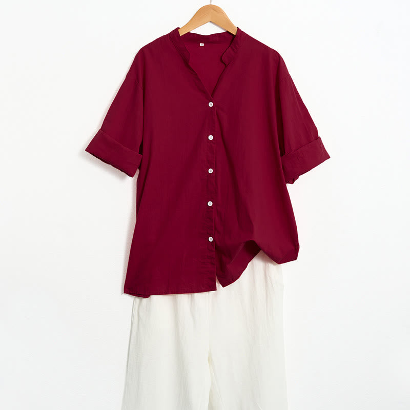 Buddha Stones Summer Casual Plain Breasted Notched Collar Short Sleeve Women's Cotton Linen Shirt