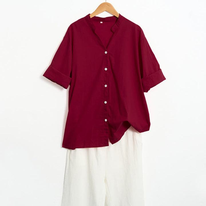 Buddha Stones Summer Casual Plain Breasted Notched Collar Short Sleeve Women's Cotton Linen Shirt