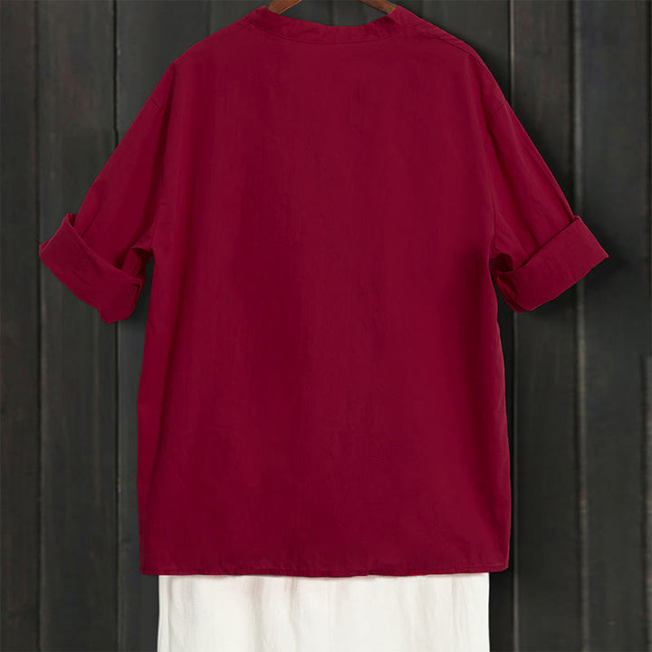 Buddha Stones Summer Casual Plain Breasted Notched Collar Short Sleeve Women's Cotton Linen Shirt