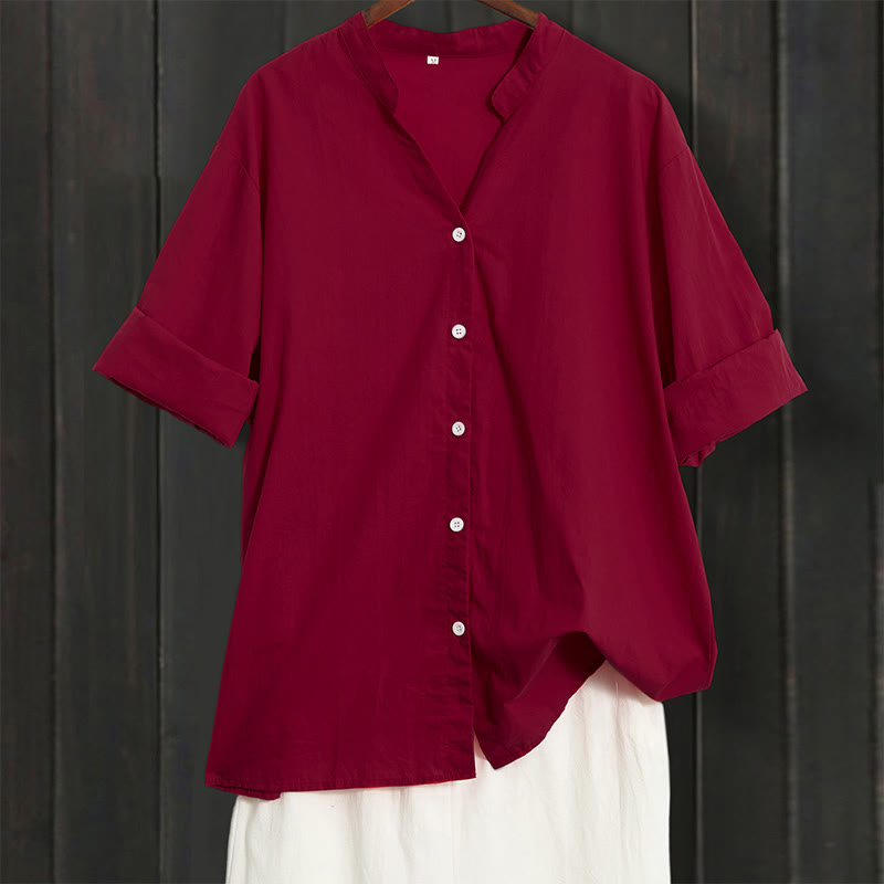 Buddha Stones Summer Casual Plain Breasted Notched Collar Short Sleeve Women's Cotton Linen Shirt - IndianRed - US20，UK/AU24，EU52 (5XL) - image 66