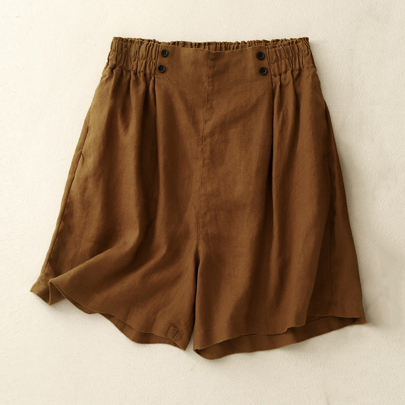 Buddha Stones Summer Casual Pleat Plain Cotton Linen Women's Shorts With Pockets - Chocolate - US12，UK/AU16，EU44 (2XL) - image 0