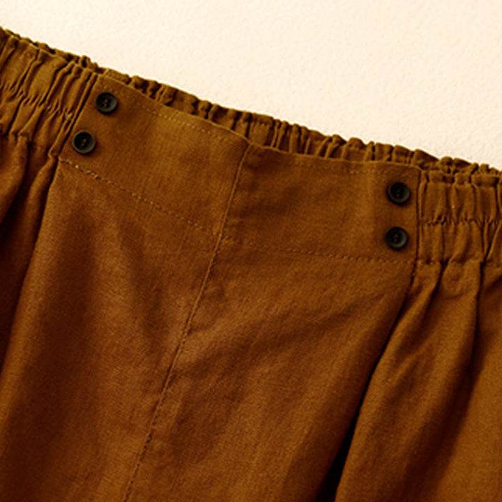 Buddha Stones Summer Casual Pleat Plain Cotton Linen Women's Shorts With Pockets