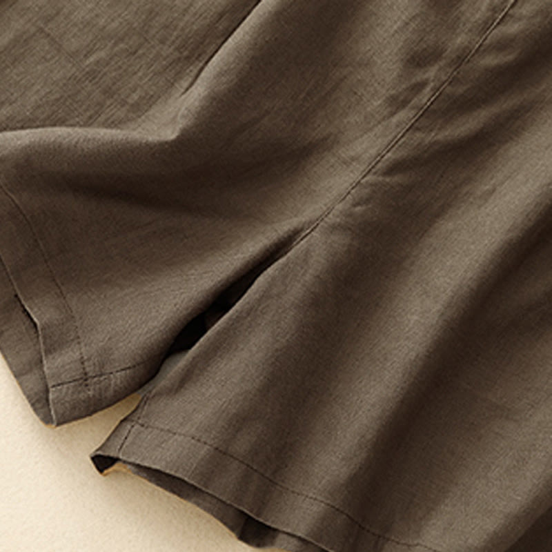 Buddha Stones Summer Casual Pleat Plain Cotton Linen Women's Shorts With Pockets