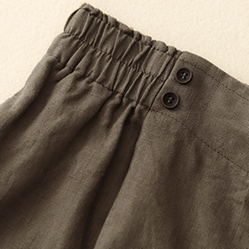 Buddha Stones Summer Casual Pleat Plain Cotton Linen Women's Shorts With Pockets