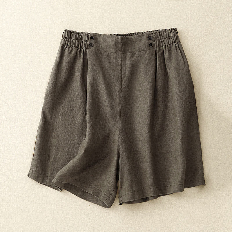Buddha Stones Summer Casual Pleat Plain Cotton Linen Women's Shorts With Pockets