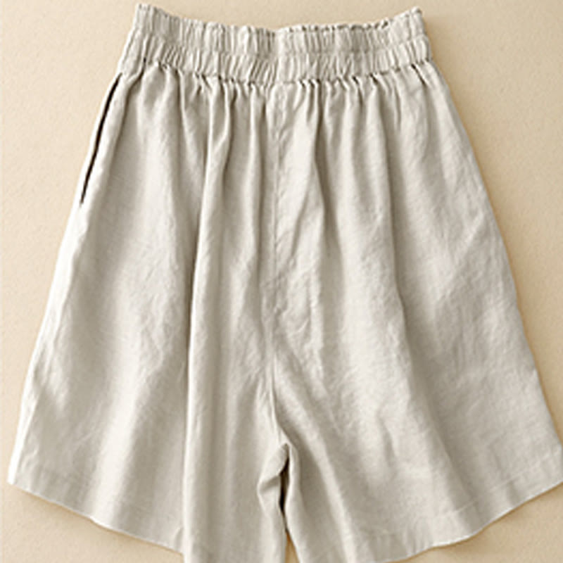 Buddha Stones Summer Casual Pleat Plain Cotton Linen Women's Shorts With Pockets