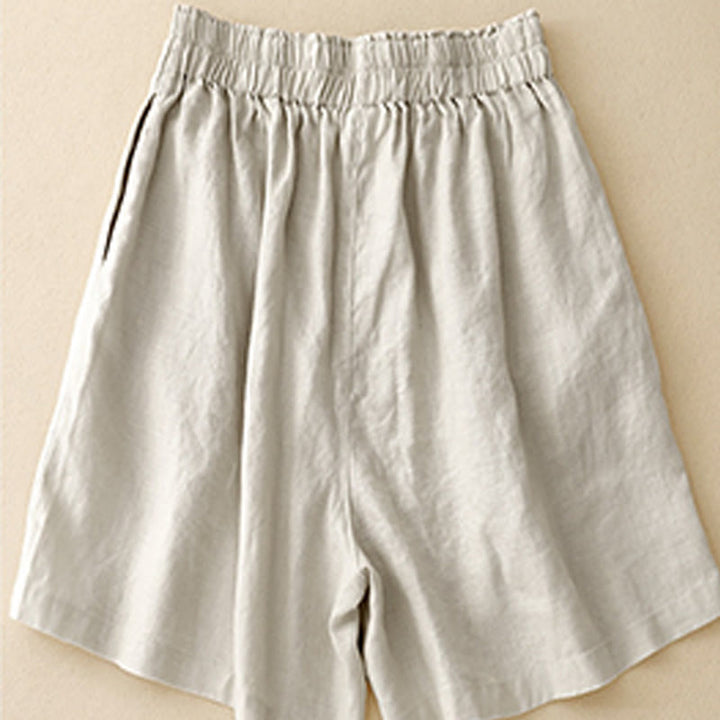 Buddha Stones Summer Casual Pleat Plain Cotton Linen Women's Shorts With Pockets