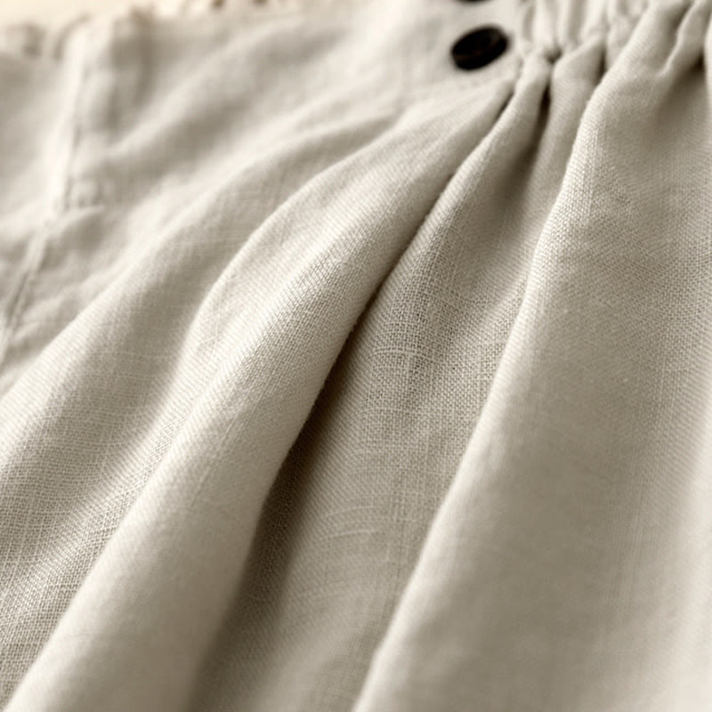 Buddha Stones Summer Casual Pleat Plain Cotton Linen Women's Shorts With Pockets