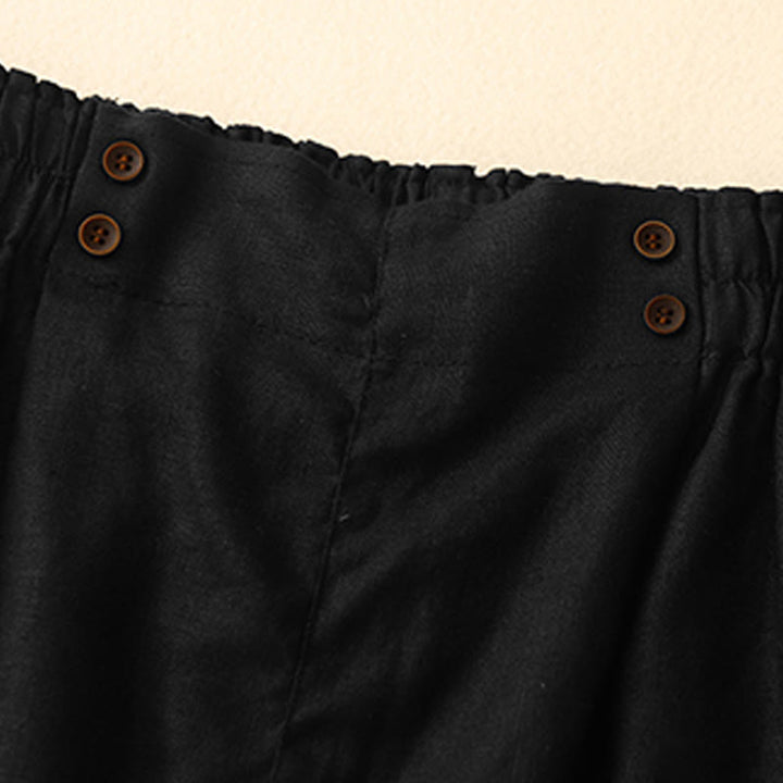 Buddha Stones Summer Casual Pleat Plain Cotton Linen Women's Shorts With Pockets