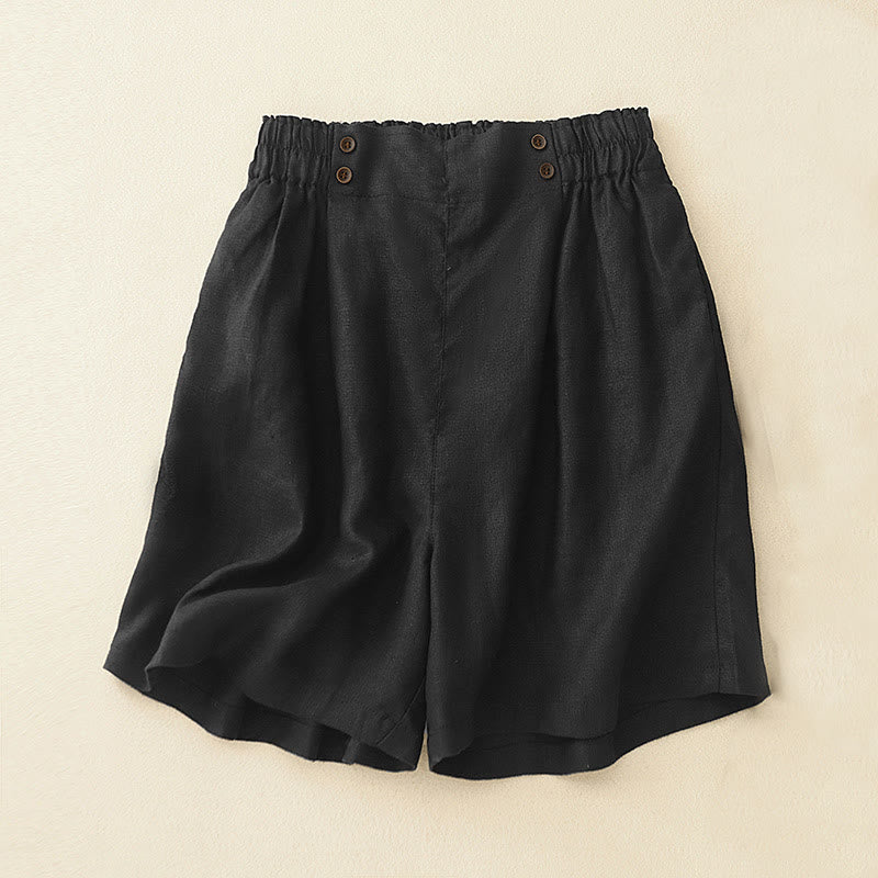 Buddha Stones Summer Casual Pleat Plain Cotton Linen Women's Shorts With Pockets