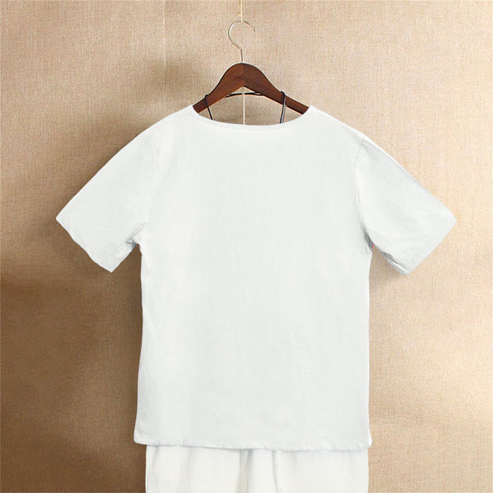 Buddha Stones Casual Summer Pure Color Jacquard Button Crew Neck Cotton Women's Short Sleeve T-Shirt - image 1