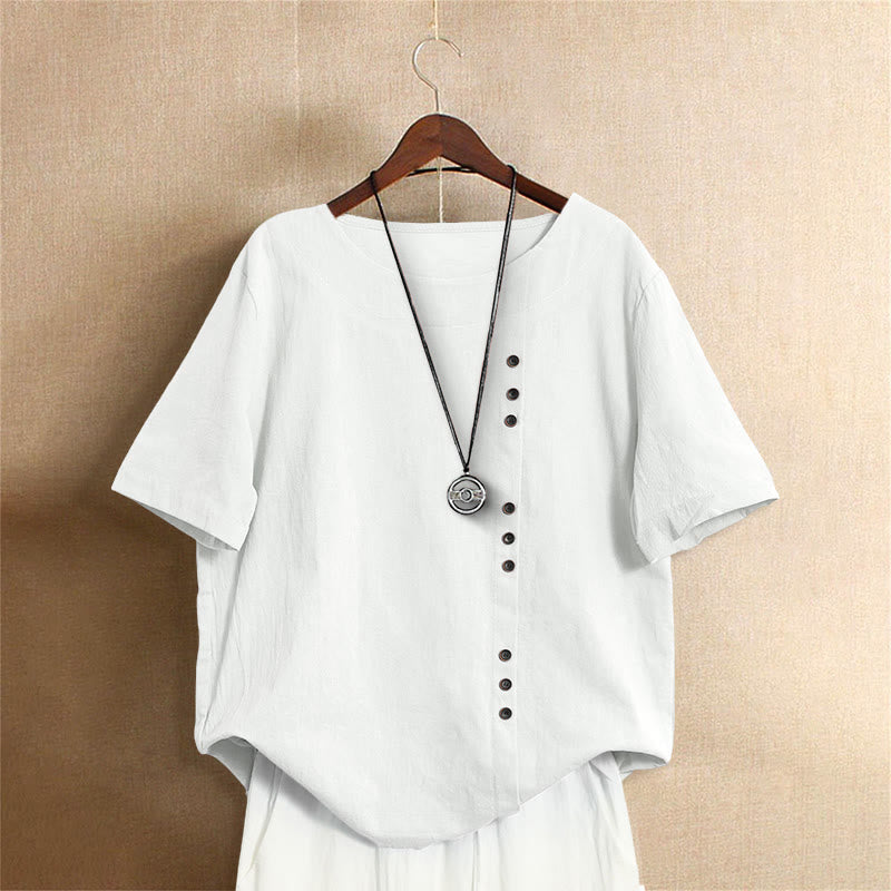 Buddha Stones Casual Summer Pure Color Jacquard Button Crew Neck Cotton Women's Short Sleeve T-Shirt - White - US20，UK/AU24，EU52 (5XL) - image 0