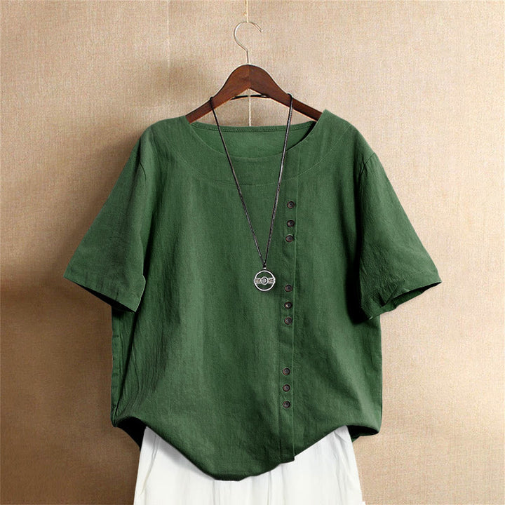 Buddha Stones Casual Summer Pure Color Jacquard Button Crew Neck Women's Short Sleeve T-Shirt - Green - US18，UK/AU22，EU50 (5XL) - image 5