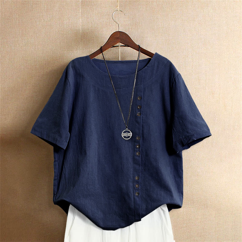 Buddha Stones Casual Summer Pure Color Jacquard Button Crew Neck Cotton Women's Short Sleeve T-Shirt - Navy - US18，UK/AU22，EU50 (5XL) - image 10