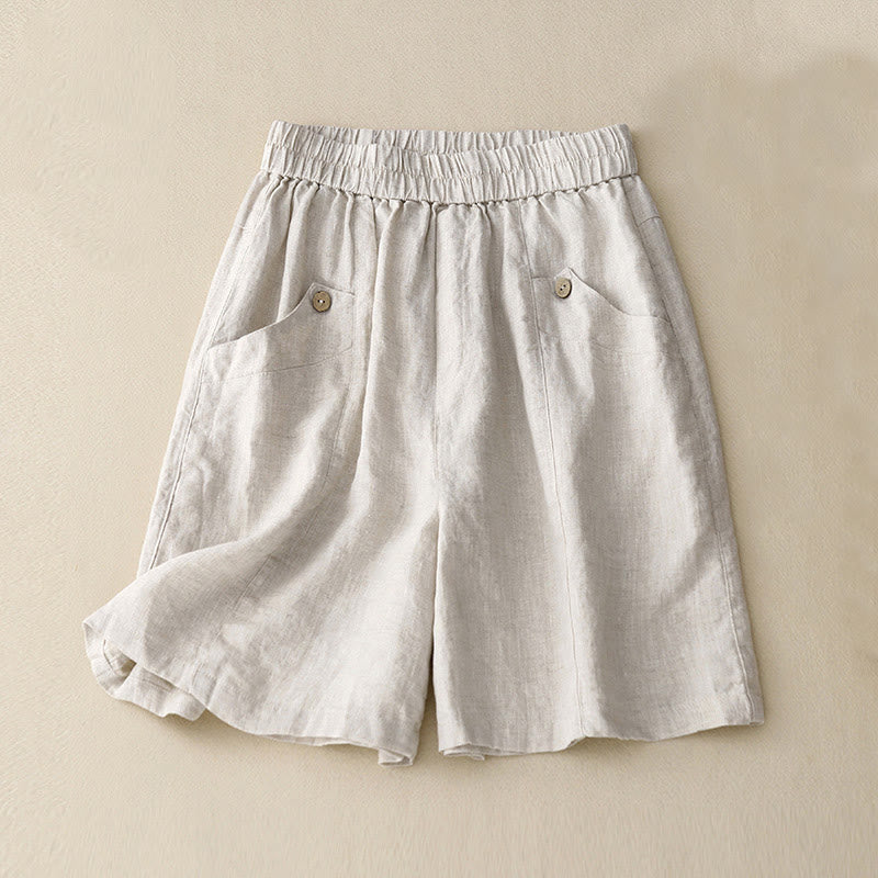 Buddha Stones Summer Casual Buttons Plain Women's Shorts With Pockets - Beige - US8-10，UK/AU12-14，EU40-42 (2XL) - image 5