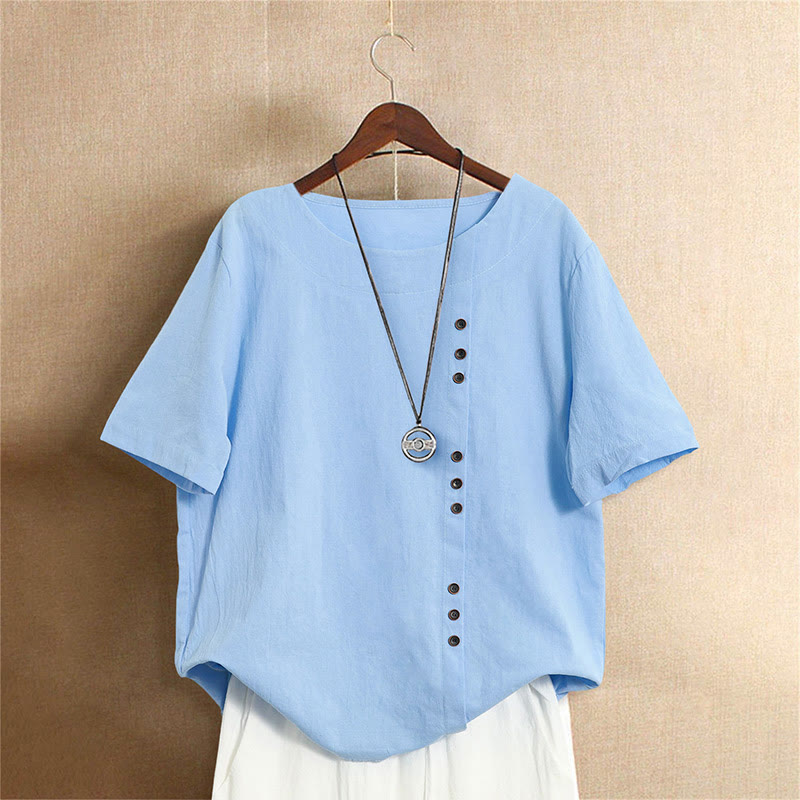 Buddha Stones Casual Summer Pure Color Jacquard Button Crew Neck Women's Short Sleeve T-Shirt - LightSkyBlue - US18，UK/AU22，EU50 (5XL) - image 15