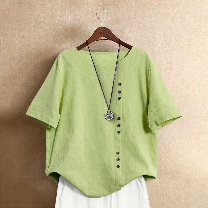 Buddha Stones Casual Summer Pure Color Jacquard Button Crew Neck Cotton Women's Short Sleeve T-Shirt - LightGreen - US20，UK/AU24，EU52 (5XL) - image 20