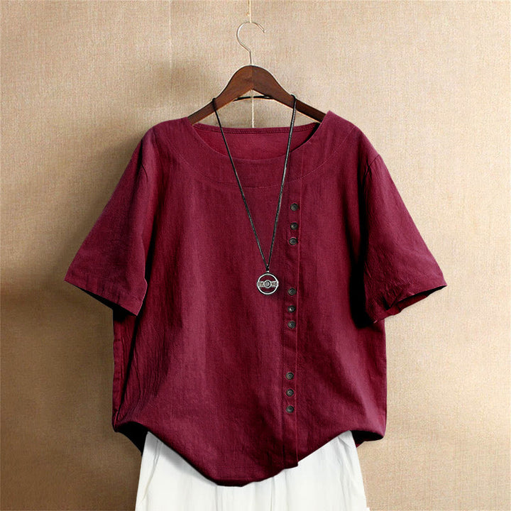 Buddha Stones Casual Summer Pure Color Jacquard Button Crew Neck Cotton Women's Short Sleeve T-Shirt - FireBrick - US18，UK/AU22，EU50 (5XL) - image 30