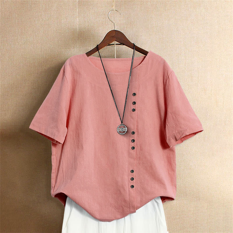 Buddha Stones Casual Summer Pure Color Jacquard Button Crew Neck Cotton Women's Short Sleeve T-Shirt - Salmon - US20，UK/AU24，EU52 (5XL) - image 35