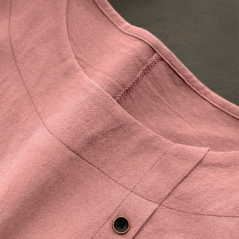 Buddha Stones Casual Summer Pure Color Jacquard Button Crew Neck Cotton Women's Short Sleeve T-Shirt - image 37