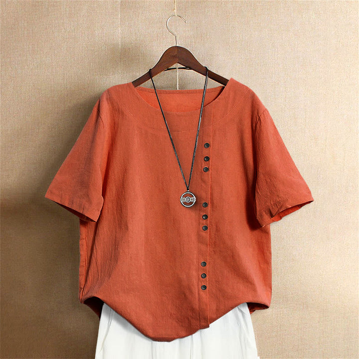 Buddha Stones Casual Summer Pure Color Jacquard Button Crew Neck Cotton Women's Short Sleeve T-Shirt - OrangeRed - US20，UK/AU24，EU52 (5XL) - image 45