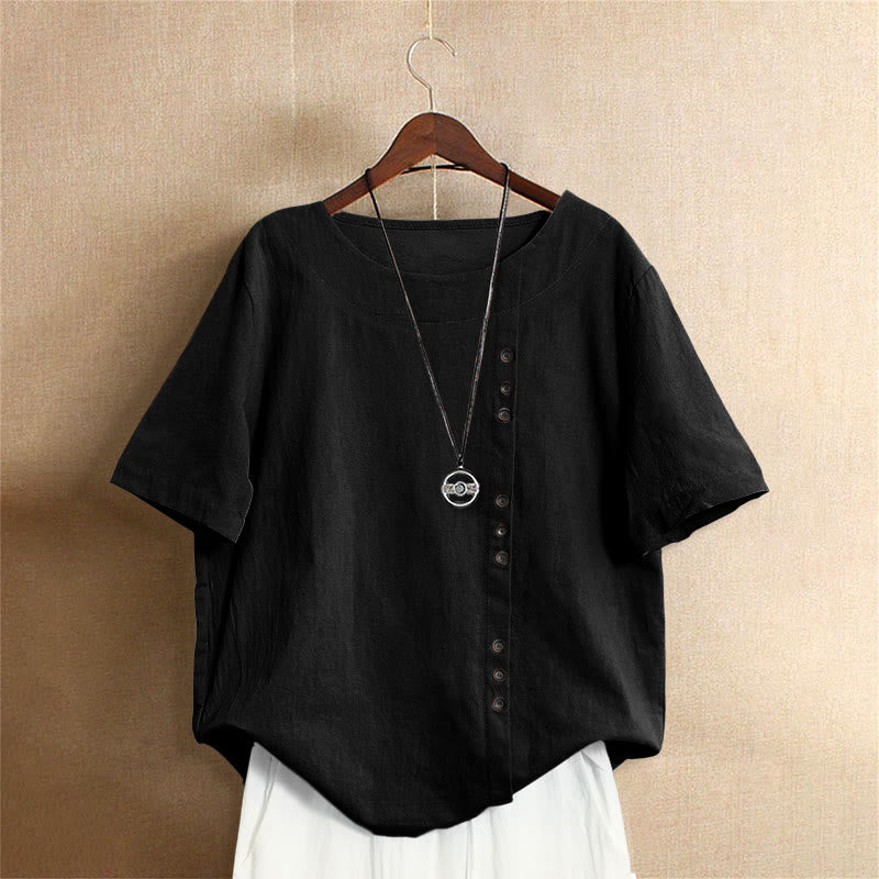 Buddha Stones Casual Summer Pure Color Jacquard Button Crew Neck Cotton Women's Short Sleeve T-Shirt - Black - US20，UK/AU24，EU52 (5XL) - image 50