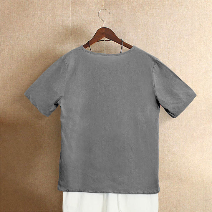 Buddha Stones Casual Summer Pure Color Jacquard Button Crew Neck Cotton Women's Short Sleeve T-Shirt - image 56