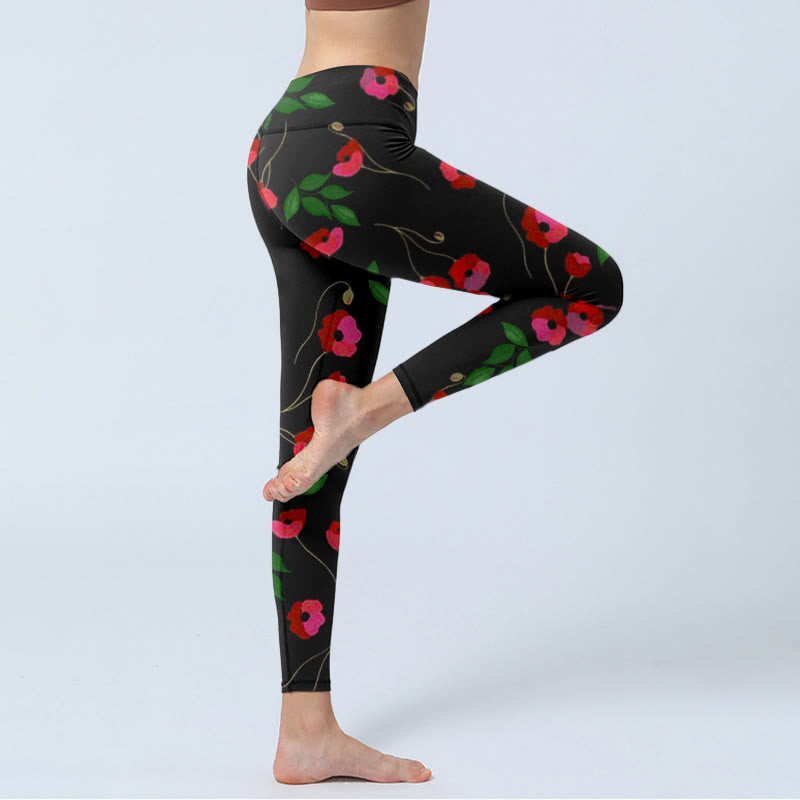 Buddha Stones Vibrant Red Flowers Green Leaves Print Gym Leggings Women's Yoga Pants - image 3