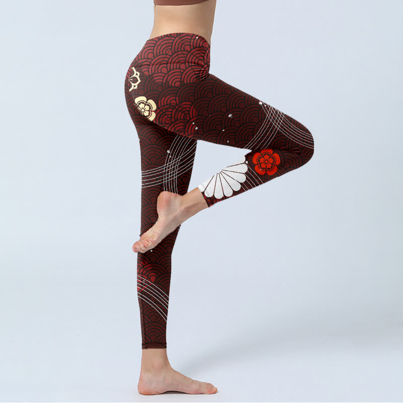 Buddha Stones Reddish-brown Floral Fan-shaped Wave Print Gym Leggings Women's Yoga Pants - image 3