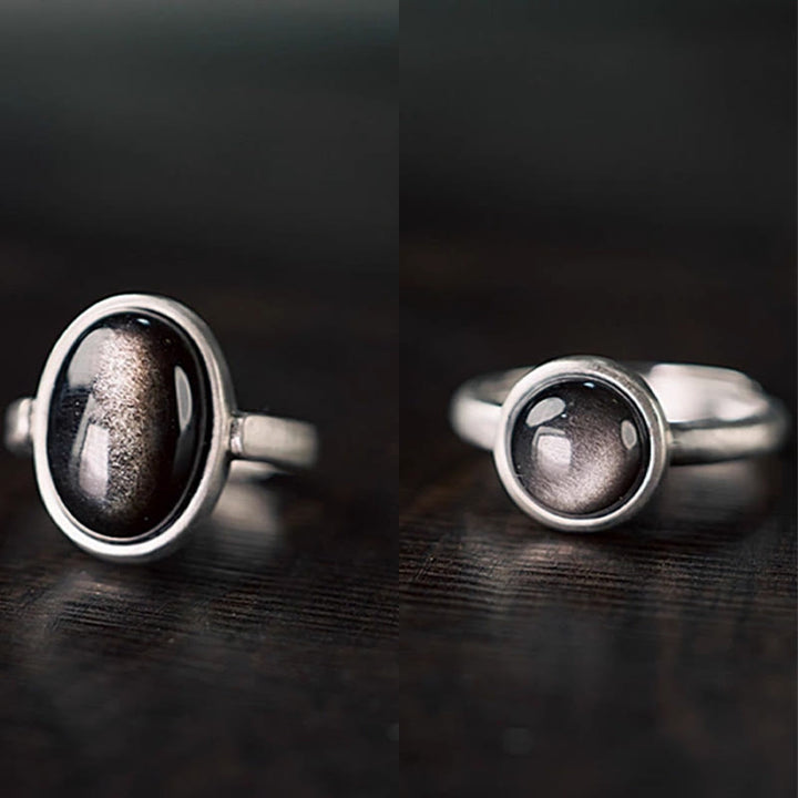 Buddha Stones Natural 925 Sterling Silver Silver Sheen Obsidian Adjustable Protection Ring - image 13