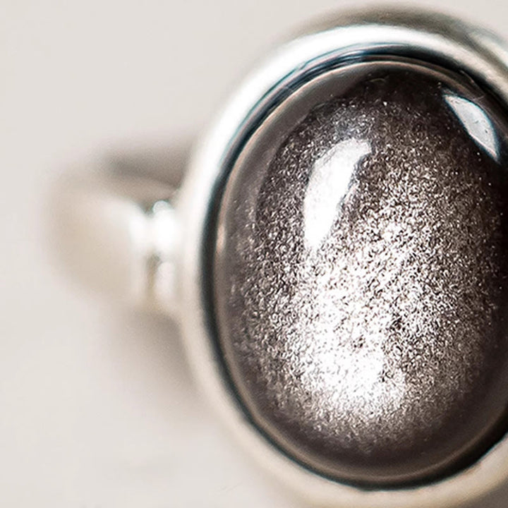 Buddha Stones Natural 925 Sterling Silver Silver Sheen Obsidian Adjustable Protection Ring - image 8