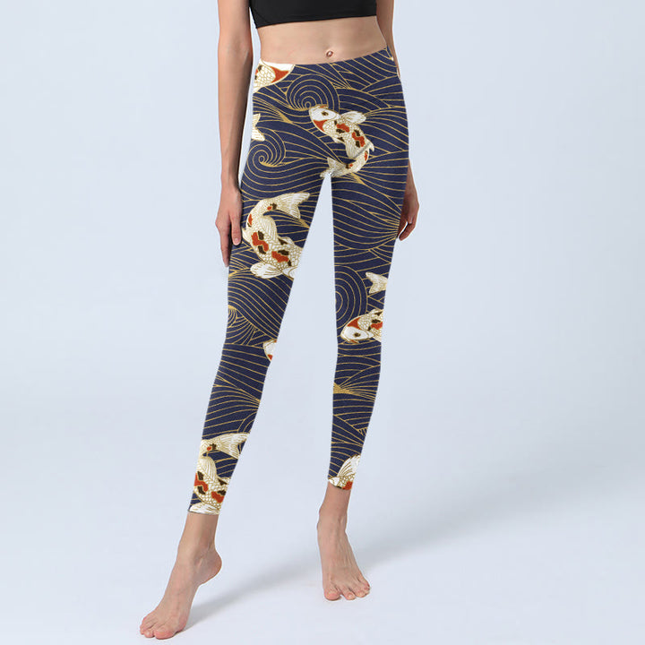 Buddha Stones White Red Koi Fish Ocean Waves Print Gym Leggings Women's Yoga Pants - image 1
