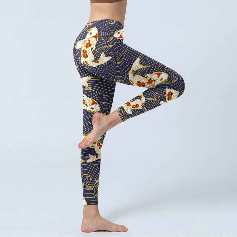 Buddha Stones White Red Koi Fish Ocean Waves Print Gym Leggings Women's Yoga Pants - image 4