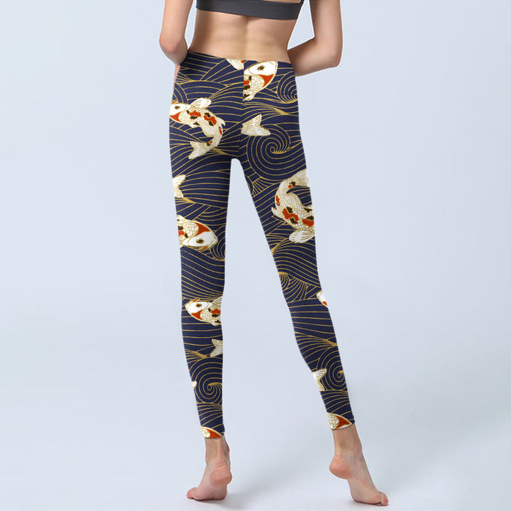 Buddha Stones White Red Koi Fish Ocean Waves Print Gym Leggings Women's Yoga Pants - image 5